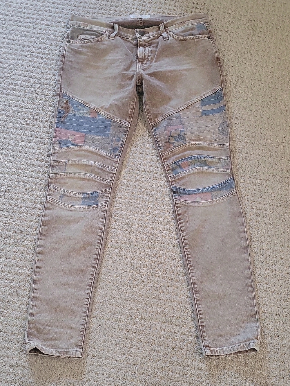 Current/Elliott Beige Skinny Jeans with Patch Panel Accents